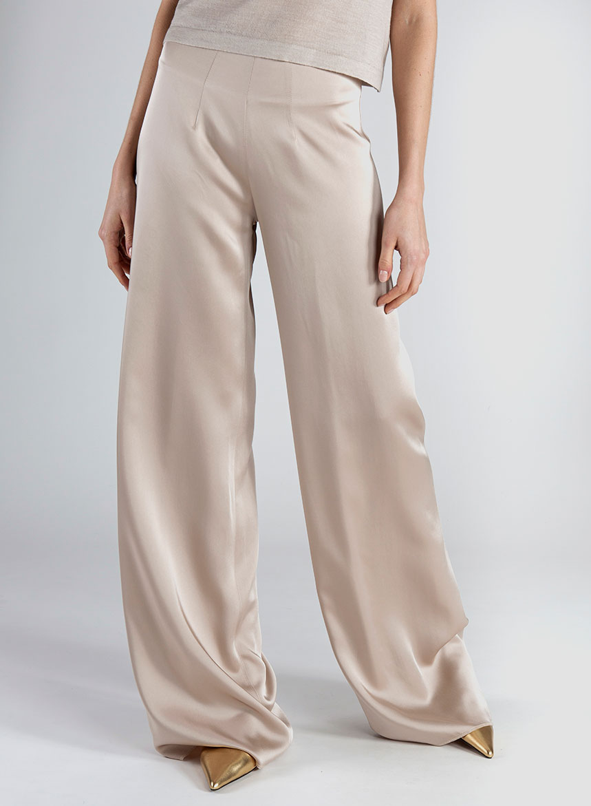 Pantalone a Palazzo envers satin di viscosa – Cipria - immagine 3