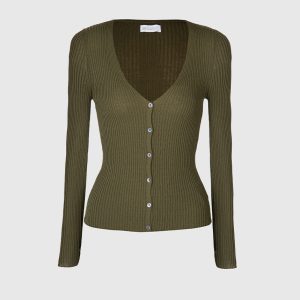 Cardigan di Maglia Coste in Viscosa Stretch – Militare