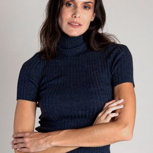 Maglia Dolcevita Mezze Maniche Coste in Responsible Wool – Blu