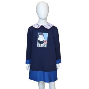 Abito bambina blu collo pizzo