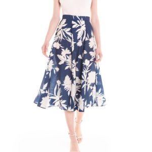 Gonna longuette a fiori blu e panna