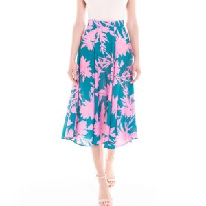 Gonna longuette a fiori verde e rosa