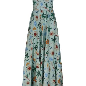 Vestito lungo con bretelline e balza Fantasia Cactus