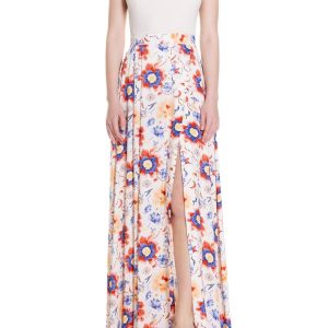 Gonna maxi a ruota con spacco laterale Fantasia Fiore Blu