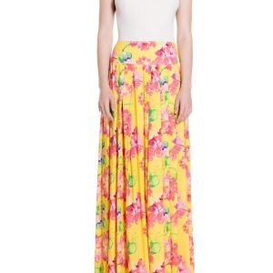 Gonna lunga a ruota con pieghe Fantasia Fiore Rosa