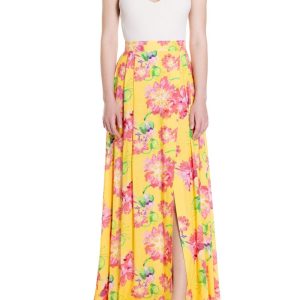 Gonna maxi a ruota con spacco laterale Fantasia Fiore Rosa