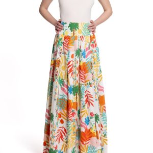 Gonna lunga a ruota con pieghe Fantasia Palme