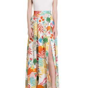 Gonna maxi a ruota con spacco laterale Fantasia Palme