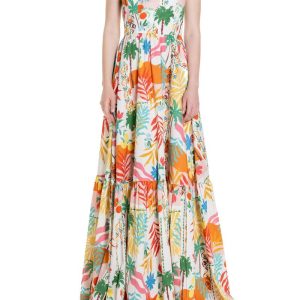 Vestito lungo con bretelline e balza Fantasia Palme