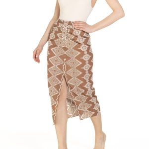 Gonna longuette arricciata Ricamo Marrone