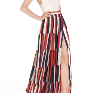 Gonna maxi portafoglio con balze e spacco Riga Rosso Blu e Panna