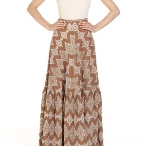 Gonna a ruota con balza Ricamo Marrone