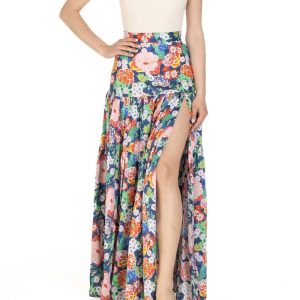 Gonna a ruota con spacco e balze Fantasia Peonie