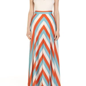 Gonna a ruota semplice  Riga Celeste Arancio e Panna