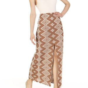 Gonna a tubino con spacco centrale Ricamo Marrone