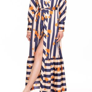 Soprabito lungo con manica lunga e ruches riga blu e panna con fiore arancio