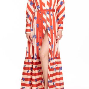 Soprabito lungo con manica lunga e ruches riga rosso e panna con fiore bluette