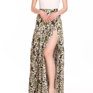 Gonna lunga con balze e spacco fantasia verde con melograni