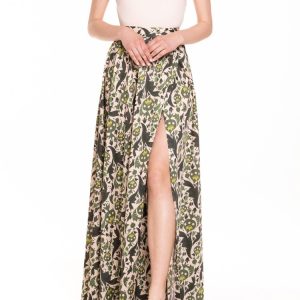 Gonna maxi ruota con spacco laterale fantasia verde con melograni