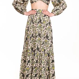 Crop top con maniche a sbuffo fantasia verde con melograni