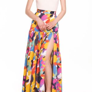 Gonna lunga con balze e spacco fantasia multicolor