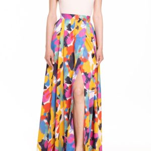 Gonna maxi ruota con spacco laterale fantasia multicolor