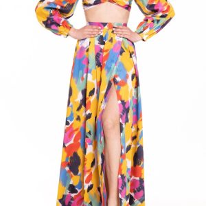 Crop top con maniche a sbuffo fantasia multicolor