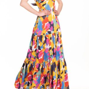 Vestito lungo con incrocio fantasia multicolor