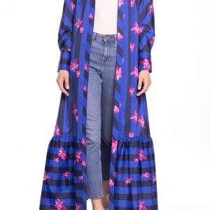 Soprabito lungo con manica lunga e ruches riga blu e bluette con fiore fucsia