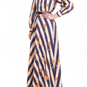 Camicia girocollo riga blu e panna con fiore arancio