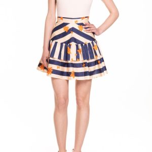Minigonna in cotone riga blu e panna con fiore arancio