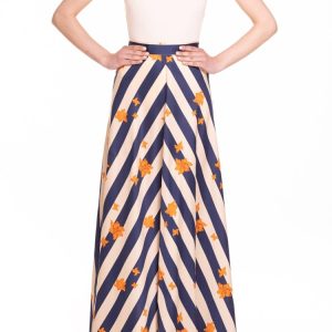 Gonna ruota classica riga blu e panna con fiore arancio