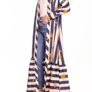 Soprabito lungo con manica lunga e ruches riga blu e panna con fiore arancio