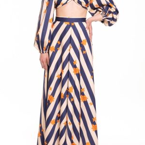 Crop top con maniche a sbuffo riga blu e panna con fiore arancio