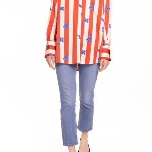 Camicia oversize riga rosso e panna con fiore bluette