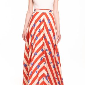 Gonna ruota classica riga rosso e panna con fiore bluette