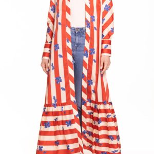 Soprabito lungo con manica lunga e ruches riga rosso e panna con fiore bluette