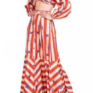 Crop top con maniche a sbuffo riga rosso e panna con fiore bluette