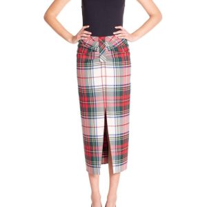 Gonna longuette arricciata Tartan Bianco e Verde