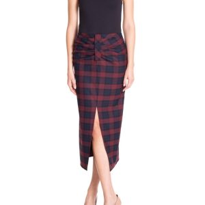 Gonna longuette arricciata Tartan Blu e Bordeaux