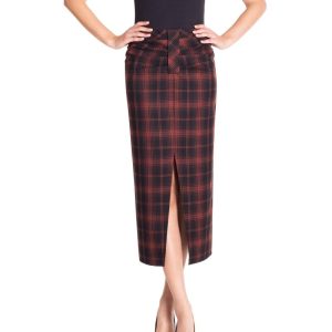 Gonna longuette arricciata Tartan Nero e Marrone