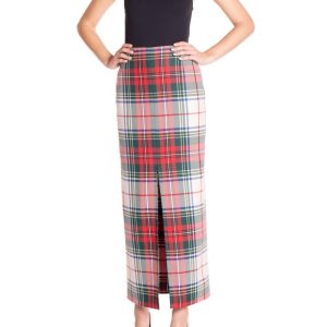 Gonna a tubino con spacco centrale  Tartan Bianco e Verde