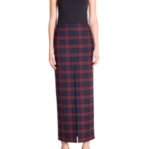 Gonna a tubino con spacco centrale  Tartan Blu e Bordeaux