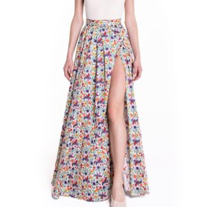 Gonna maxi ruota con spacco laterale fantasia bianca