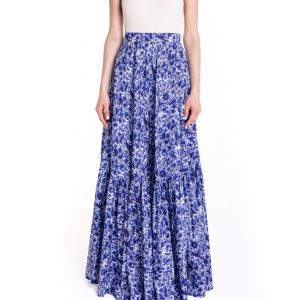 Gonna a ruota con balza fantasia blu