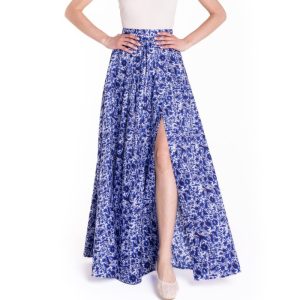 Gonna maxi ruota con spacco laterale fantasia blu