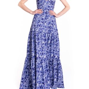 Vestito lungo con incrocio fantasia blu