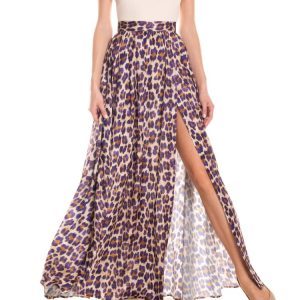Gonna maxi ruota con spacco laterale animalier – viola e senape