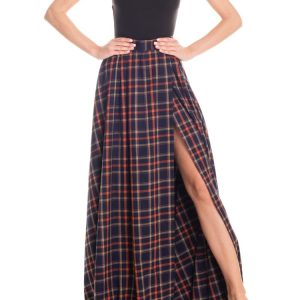 Gonna maxi ruota con spacco laterale tartan – blu e arancio