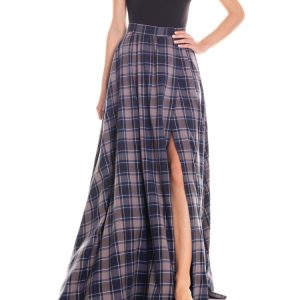 Gonna maxi ruota con spacco laterale tartan – grigio e blu